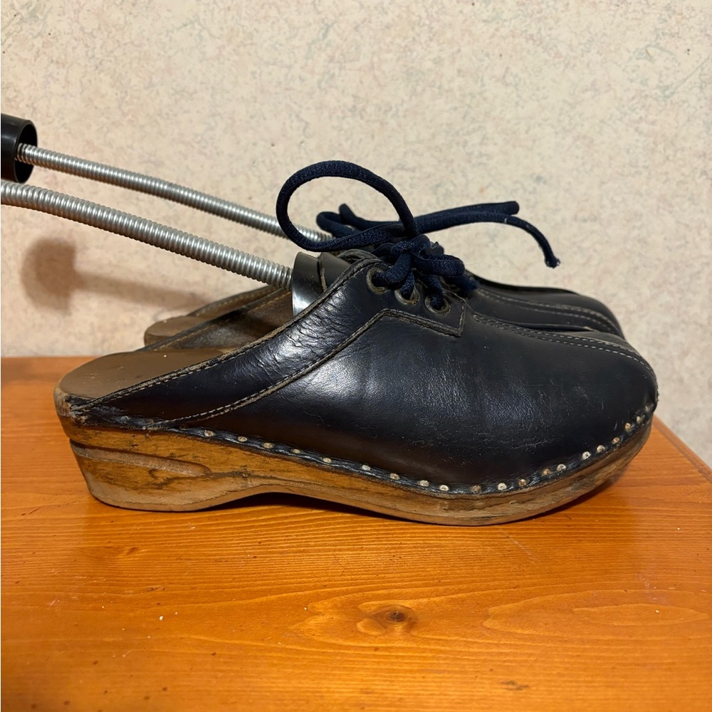 Vintage Original Sweden Swedish Blue Leather Lace Up Wooden Clogs Women's Size 7